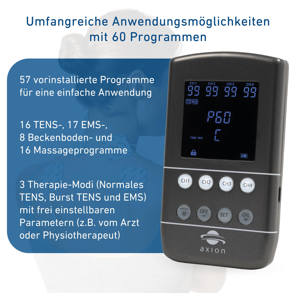 TENS-EMS Kombigerät X9B 4 Kanäle 60 Programme 99 Intensitätsstufen mit 12 Elektroden Ladegerät und Softcase