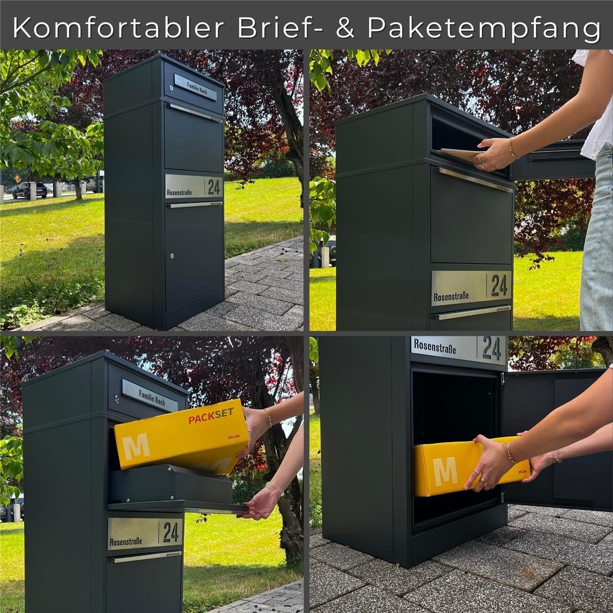 Paketbox mit Briefkasten Bispo 2 in Anthrazit, abschließbarer Standbriefkasten aus Edelstahl mit Paketfach und Gravur