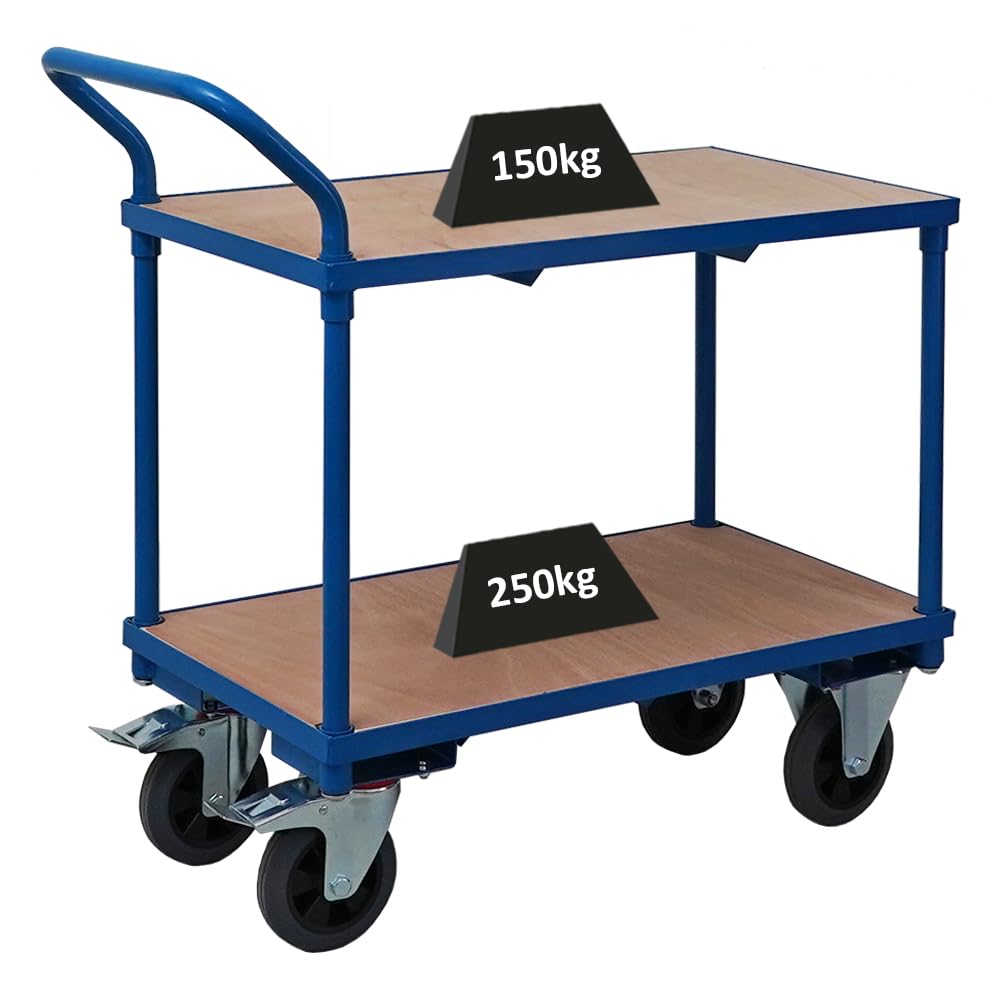 Tischwagen Transportwagen mit 2 Etagen, 95x50x97 cm, 2 Lenk- und Bockrollen, Traglast 400 kg, lichtblau