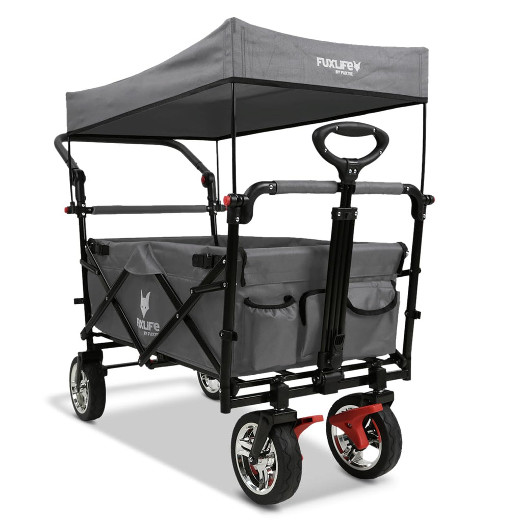Faltbarer Bollerwagen FX-CT700 für 2 Kinder, grau, mit gepolstertem Innenraum, Sonnendach und Feststellbremsen, 75 kg Tragkraft