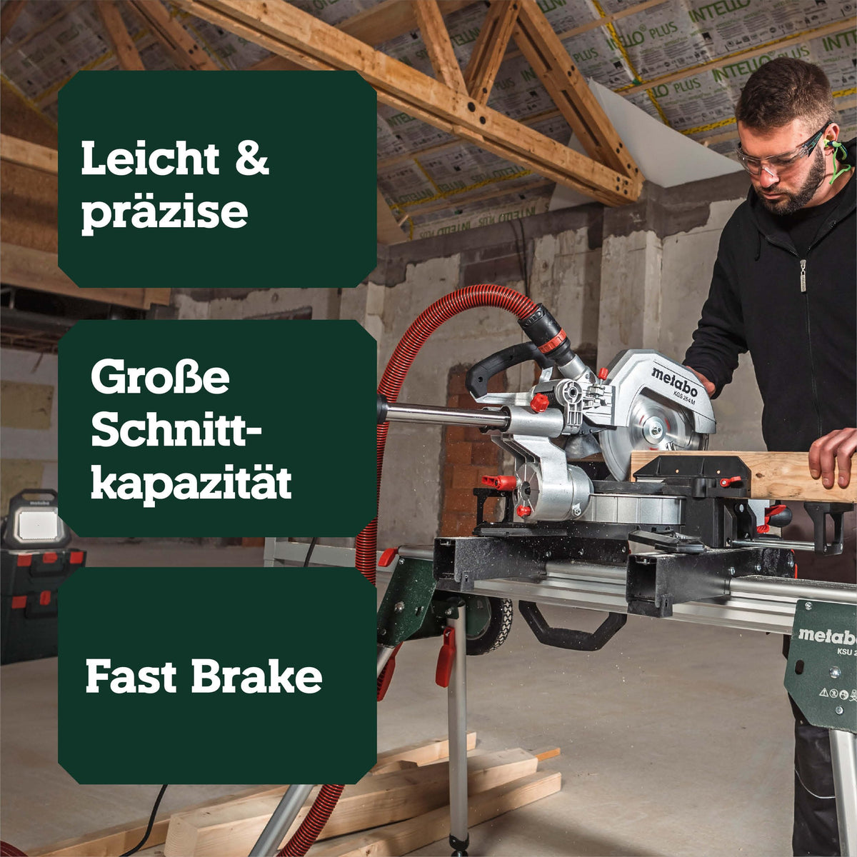 Kapp- und Gehrungssäge KGS 254 M mit Zugfunktion und 254 mm Sägeblatt, inkl. Materialklemme und Spänefangsack