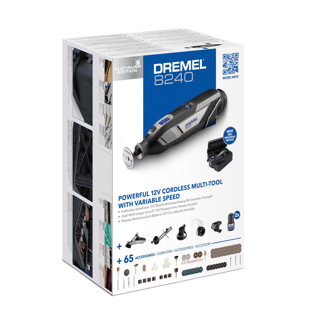 Akku-Multitool 12V 2Ah mit 2 Akkus, 5 Aufsätzen und 65 Zubehören in Dremel Box zum Schneiden, Gravieren, Schleifen und Polieren