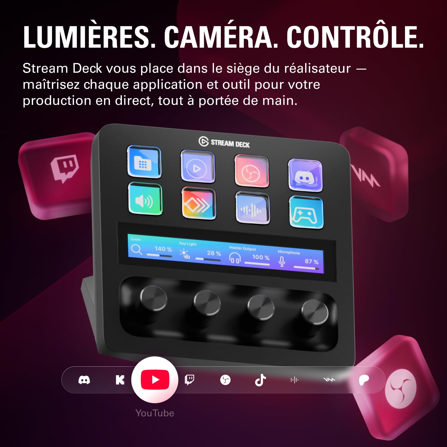 Console de mixage Stream Deck Plus avec touches LCD ruban tactile et connexion USB-C pour production audio vidéo Mac PC