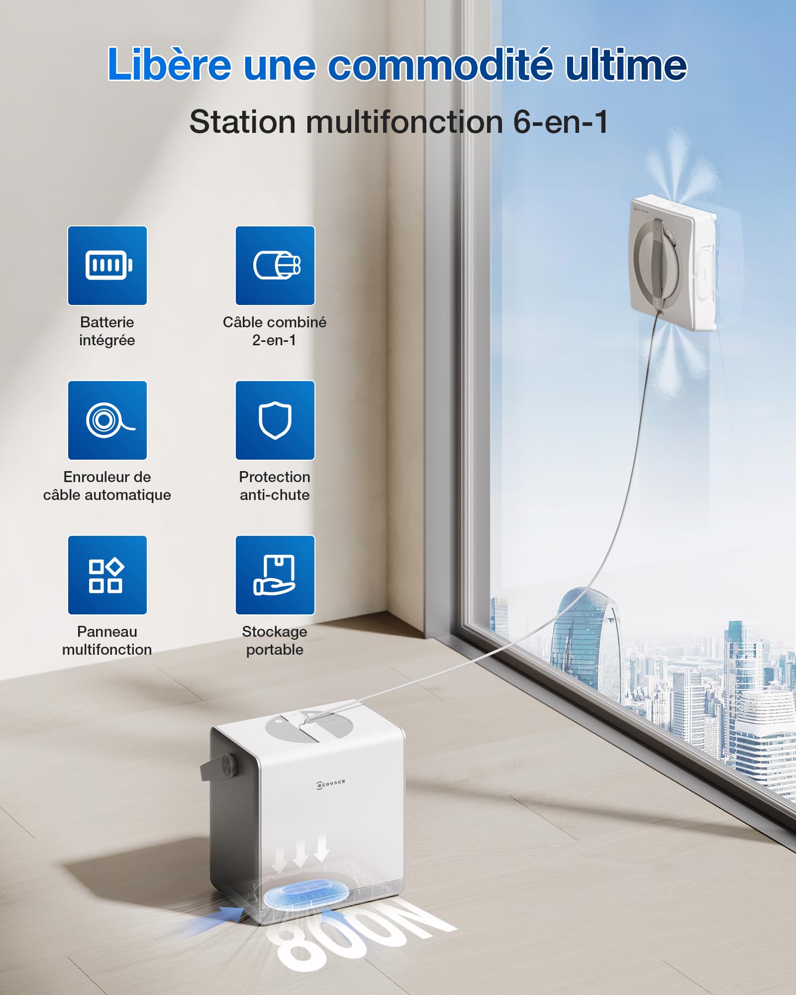 Robot nettoyeur de vitres WINBOT W2 Pro Omni WG851-11 avec station multifonction pulvérisation triple buse et système de protection 12 niveaux