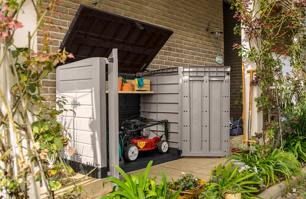 Abri poubelle extérieur 1200 litres en polypropylène imitation lattes de bois avec plancher porte verrouillable dimensions 145,5 x 82 x 123 cm