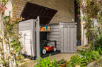 Abri poubelle extérieur 1200 litres en polypropylène imitation lattes de bois avec plancher porte verrouillable dimensions 145,5 x 82 x 123 cm