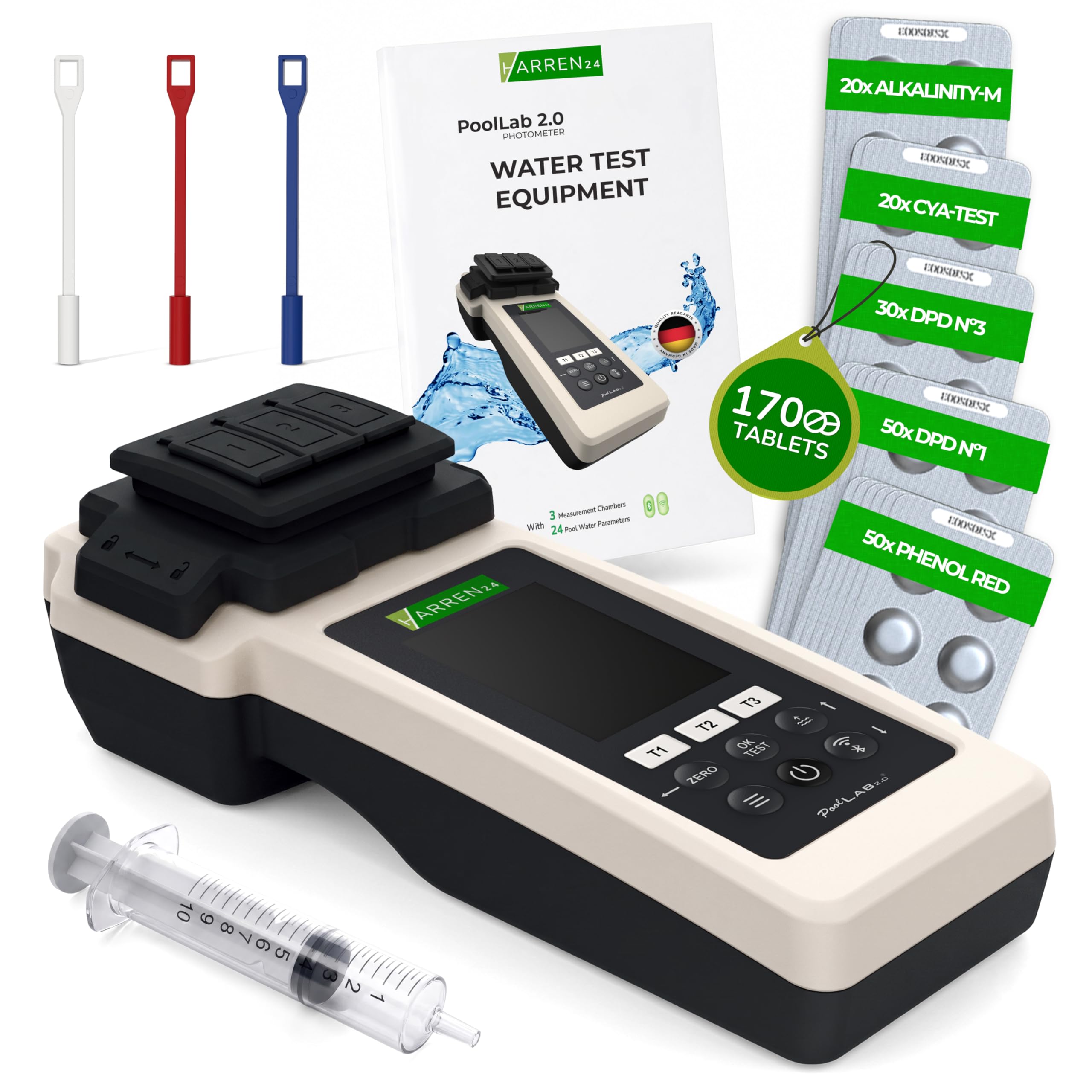 Testeur électronique de piscine photomètre 2.0 pour mesure du pH et du chlore avec 170 comprimés de test