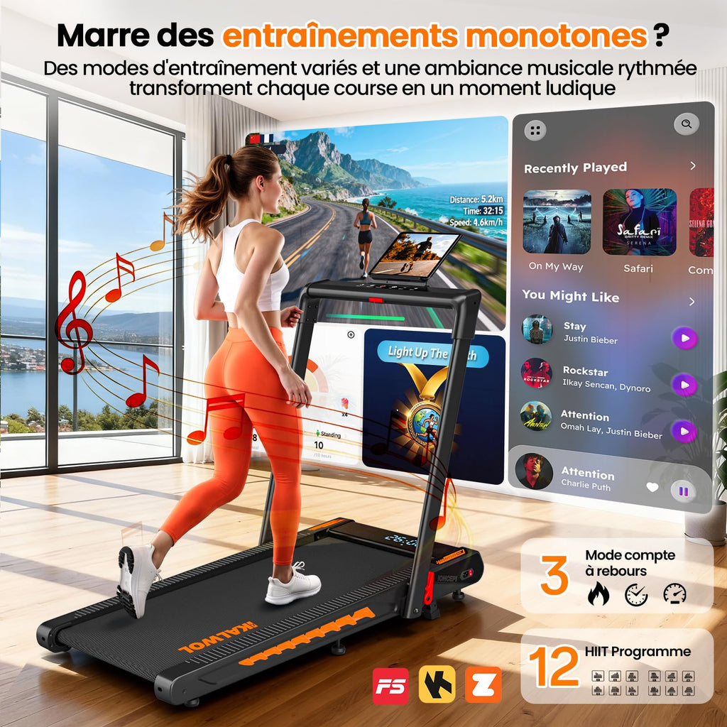 Tapis de course pliable 6 en 1 inclinaison 10% moteur 3 CV vitesse 12 km/h Bluetooth écran LED capacité 160 kg