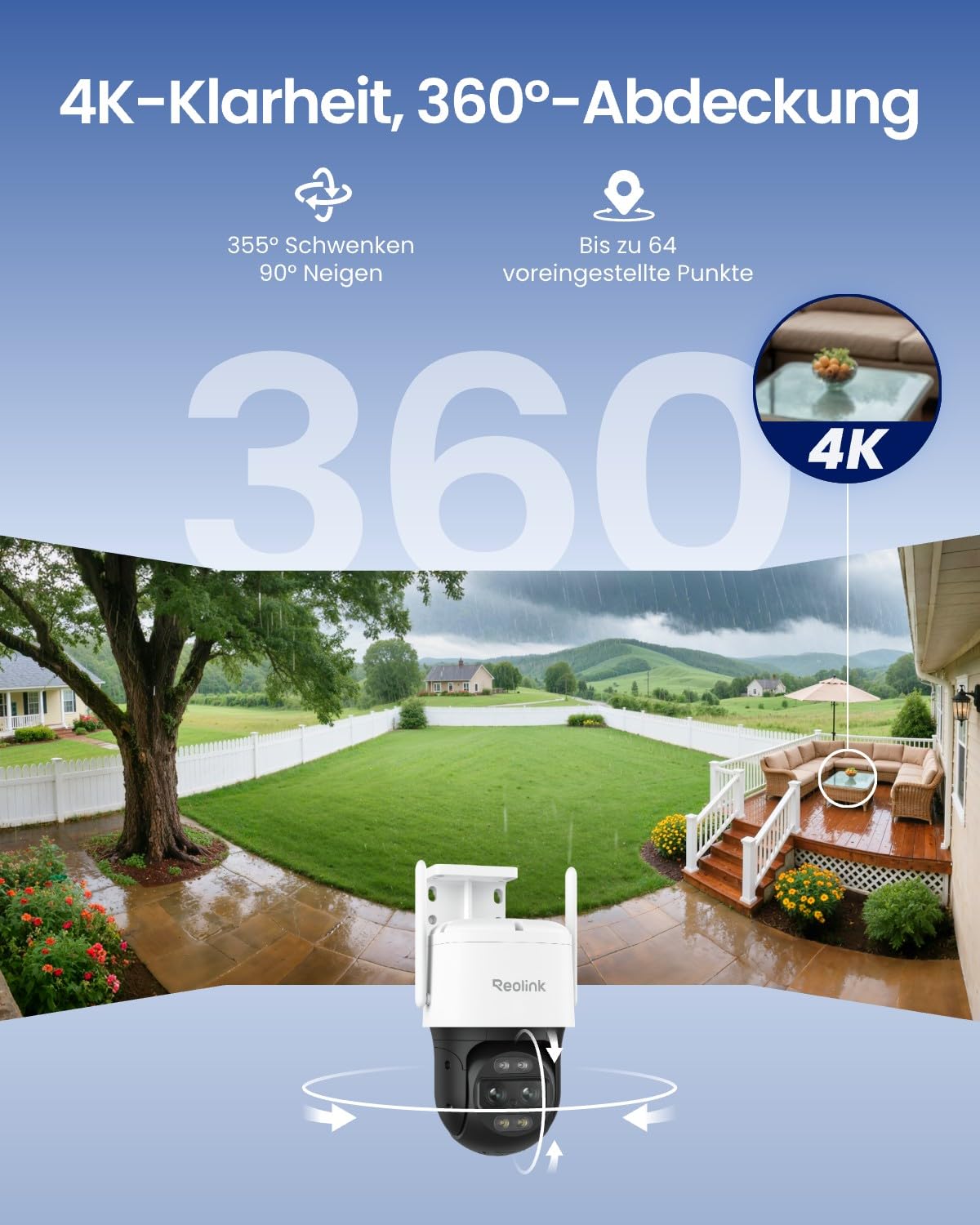 4K PTZ Überwachungskamera Außen mit Auto-Tracking, 6-fachem Hybrid-Zoom und Dual-Band Wi-Fi 6 für 360° Rundumsicht
