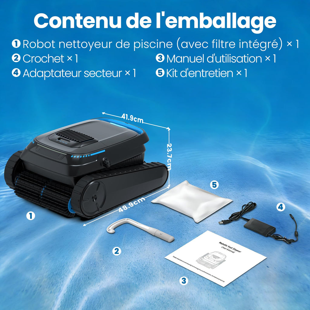 Robot de piscine sans fil PC10 pour nettoyage du fond des murs et de la ligne d'eau batterie 5200 mAh débit 18927 L/h