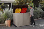 Abri poubelle extérieur 1200 litres en polypropylène imitation lattes de bois avec plancher porte verrouillable dimensions 145,5 x 82 x 123 cm