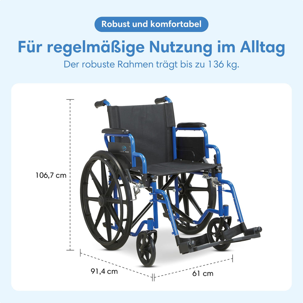 Faltbarer Rollstuhl, leicht mit 18,6 kg und 32 cm Faltbreite, Sitzbreite 46 cm, bis 136 kg, pannensichere PU-Reifen
