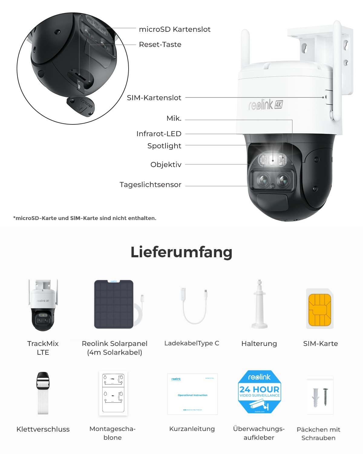 4K 3G/4G LTE Solar Überwachungskamera mit SIM Karte, 360° PTZ Auto-Tracking und KI-Erkennung für Menschen, Fahrzeuge und Haustiere