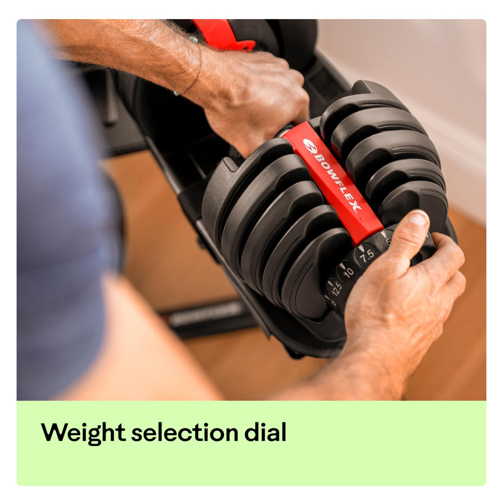 Verstellbare Hantel mit 15 Gewichtsstufen von 2 bis 24 kg, SelectTech Drehgriff-System und Ablageschale für Krafttraining zuhause