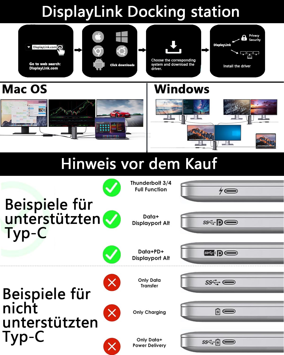 Dockingstation mit DisplayLink für Dreifach-Display, 3x HDMI und 2x DisplayPort, 4K bei 60 Hz