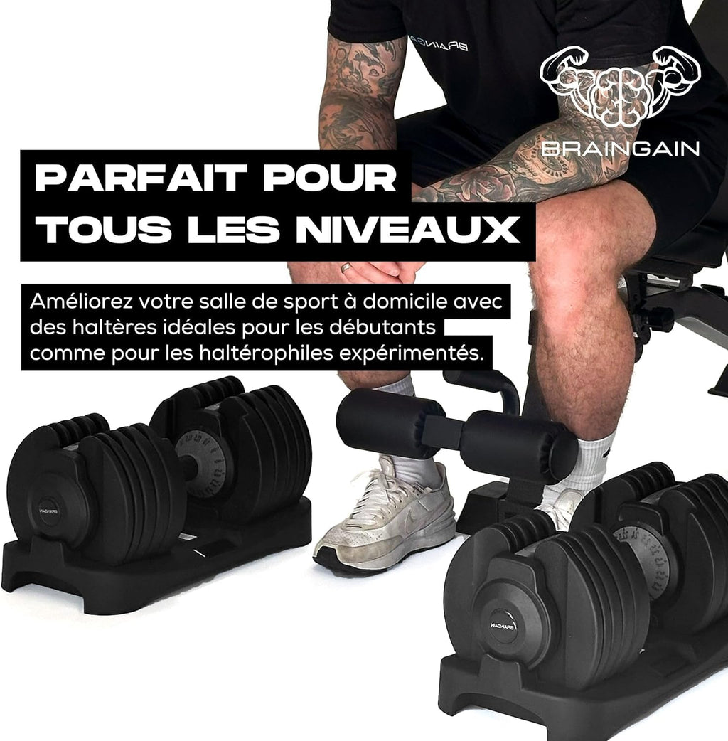 Haltères réglables 24 kg paire 15 niveaux avec système de verrouillage sécurisé poignée antidérapante
