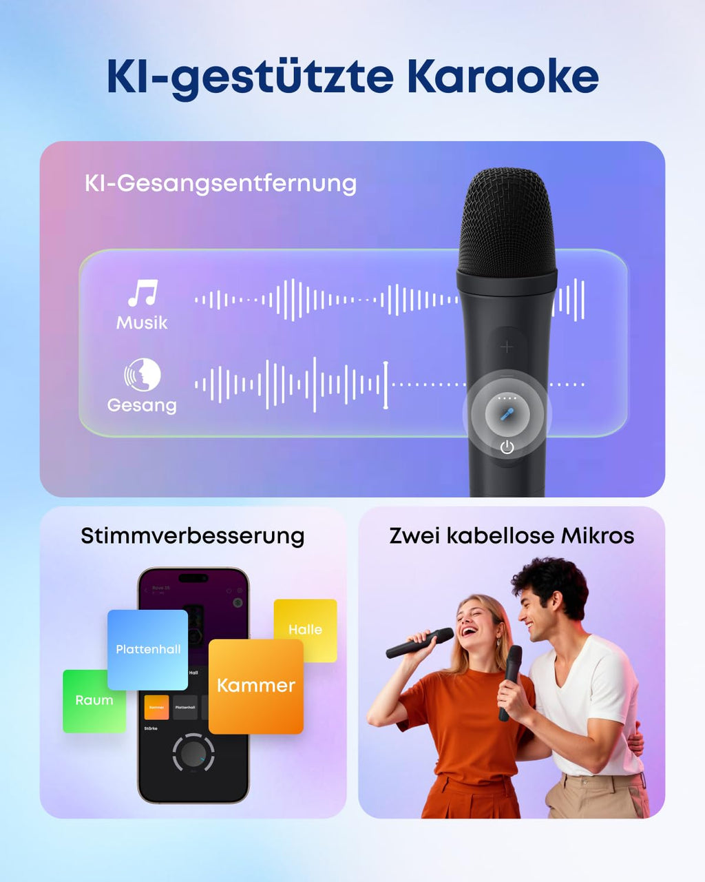 Partybox A31A3 200 W Bluetooth-Lautsprecher mit KI-Karaoke 12 Stunden Akkulaufzeit und 2 kabellosen Mikrofonen