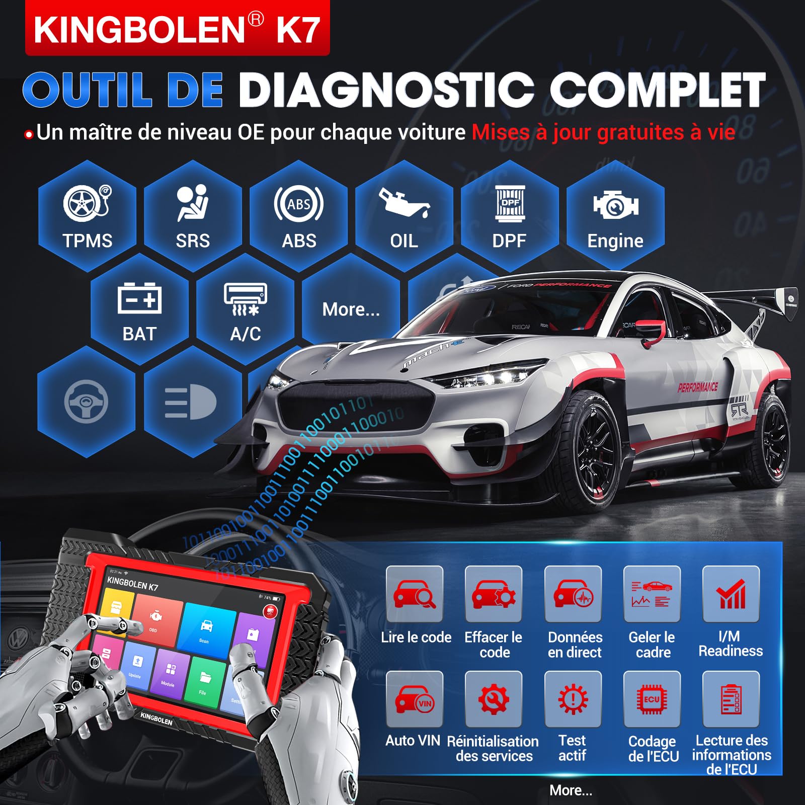 Valise diagnostic auto K7 OBD II écran 7 pouces codage ECU fonctions bidirectionnelles 31 services diagnostic tous systèmes