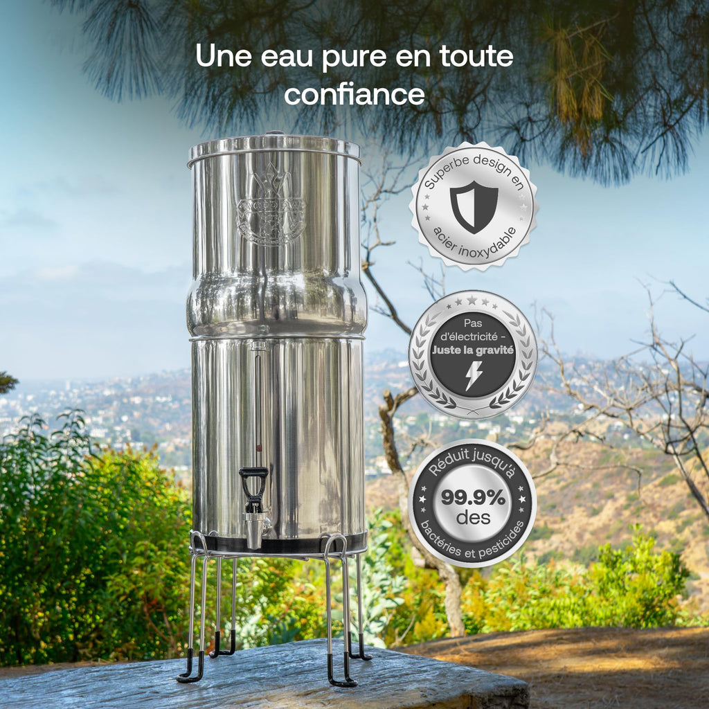 Système de filtration d'eau par gravité Earth WEEP850 8,5 L en acier inoxydable AISI 304 avec 2 filtres O'Pure 2 et robinet indicateur de niveau