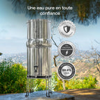 Système de filtration d'eau par gravité Earth WEEP850 8,5 L en acier inoxydable AISI 304 avec 2 filtres O'Pure 2 et robinet indicateur de niveau