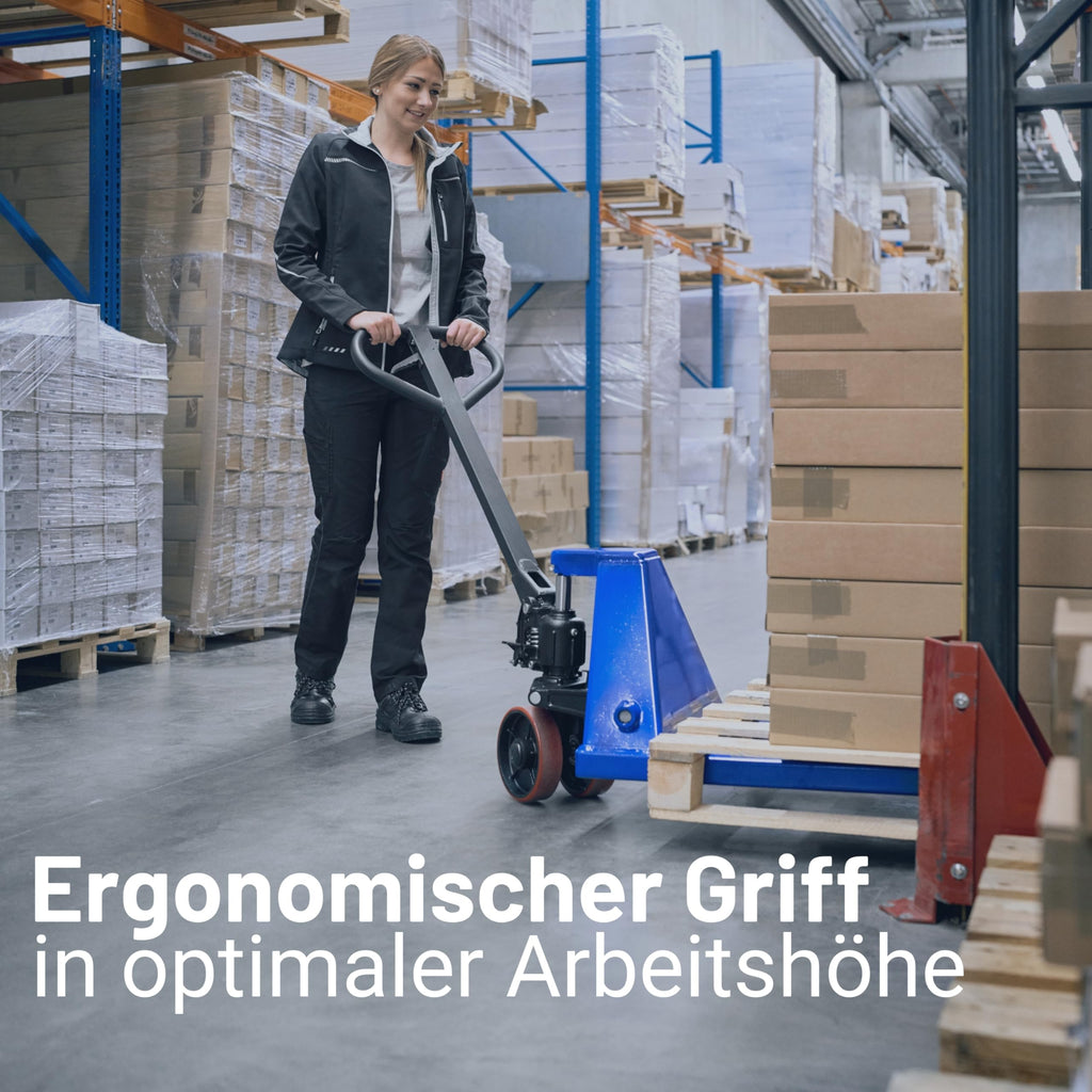 Hubwagen 2500 kg aus Stahl mit 1150 mm Gabellänge und Polyurethan-Lenkrädern für Euro-Paletten