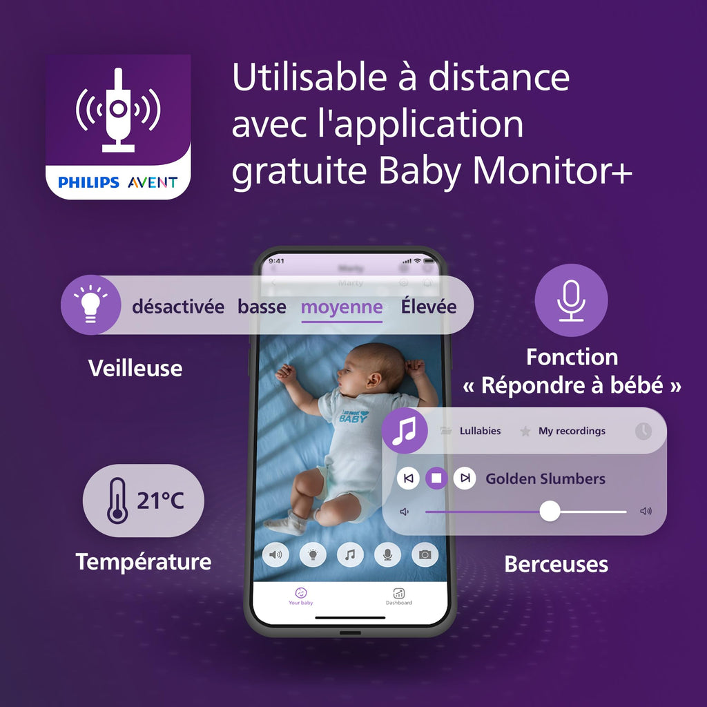 Écoute bébé vidéo SCD951/26 caméra HD 1080p Wi-Fi vision nocturne infrarouge audio bidirectionnel détecteur de sons