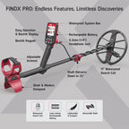 Metalldetektor FINDX PRO mit 28 cm Suchspule, vollständig wasserdicht bis 5 m, 4 Suchmodi, Pinpoint, USB wiederaufladbar, mit Kopfhörern und