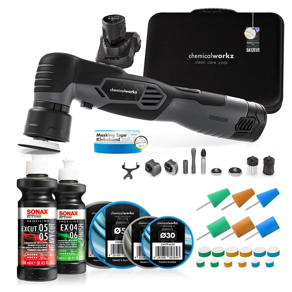 Akku Mini Poliermaschine EVO Mini 25-teiliges Set mit Exzenter- und Rotationsadapter, Stütztellern, Pads, Polierkegeln und Polituren