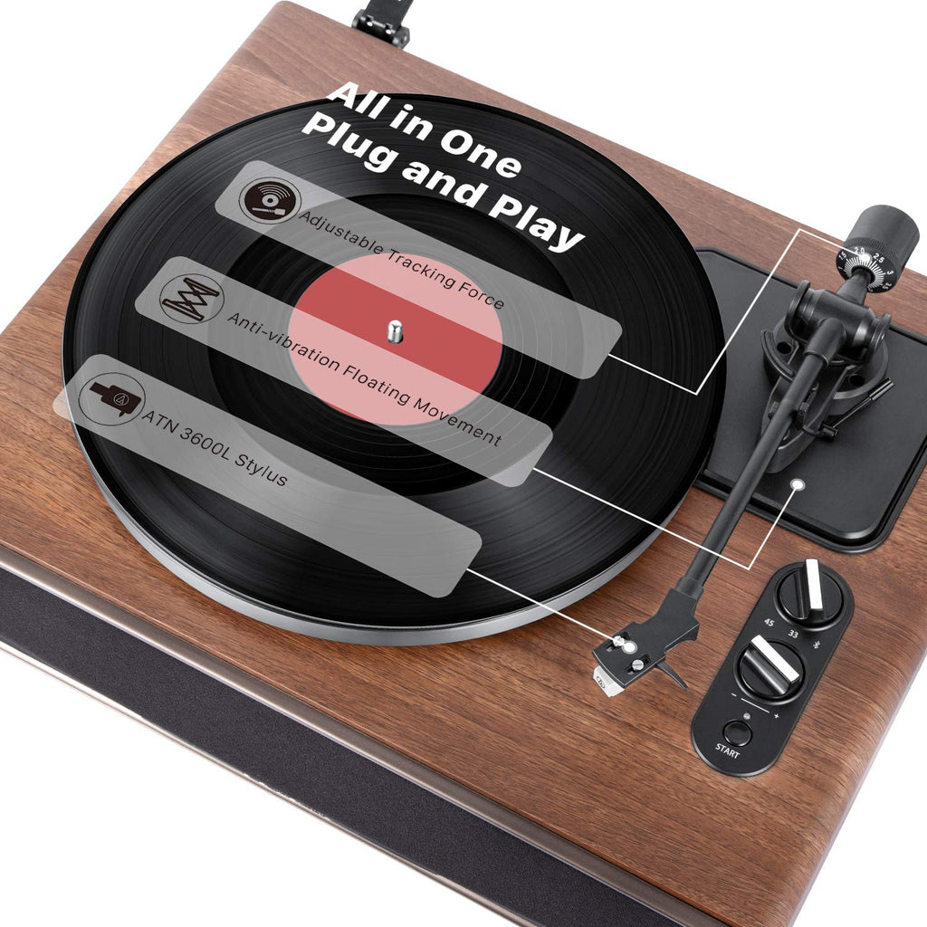 Plattenspieler mit integrierten Lautsprechern und Bluetooth, 33/45 RPM, Phono-Vorverstärker, Nussbaum