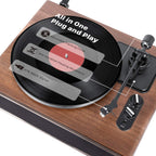 Plattenspieler mit integrierten Lautsprechern und Bluetooth, 33/45 RPM, Phono-Vorverstärker, Nussbaum
