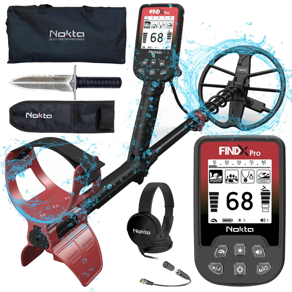 Metalldetektor FINDX PRO mit 28 cm Suchspule, vollständig wasserdicht bis 5 m, 4 Suchmodi, Pinpoint, USB wiederaufladbar, mit Kopfhörern und