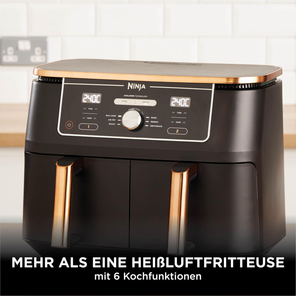 Heißluftfritteuse 9,5 L mit 2 Fächern und 6-in-1-Funktionen Dual Zone Airfryer mit Silikonzange Antihaftbeschichtung