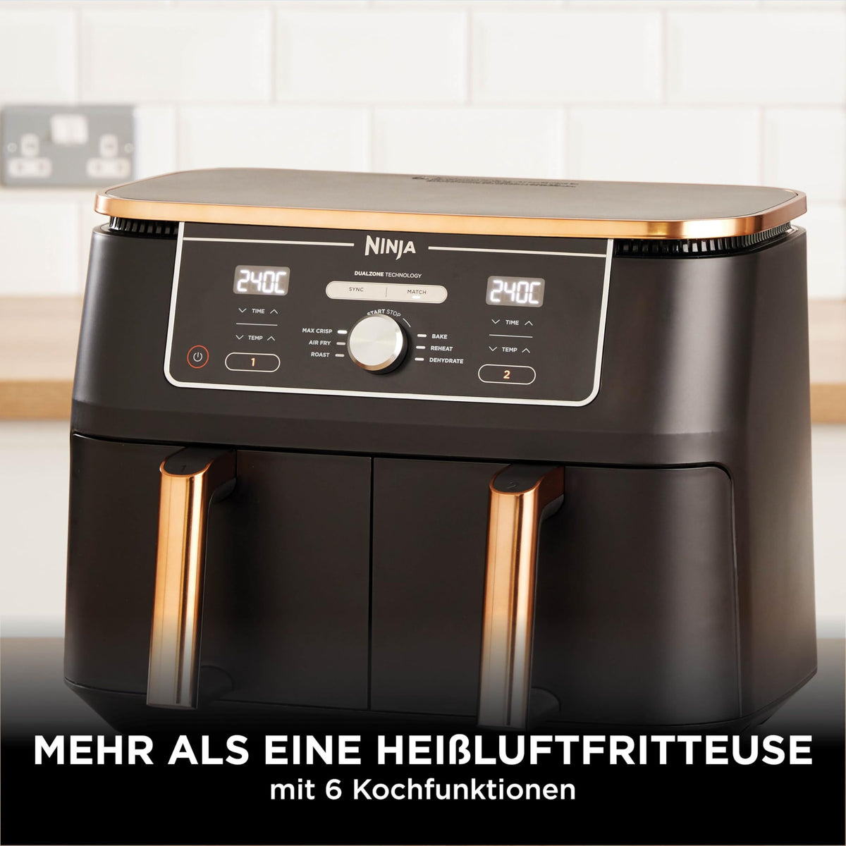 Heißluftfritteuse 9,5 L mit 2 Fächern und 6-in-1-Funktionen Dual Zone Airfryer mit Silikonzange Antihaftbeschichtung