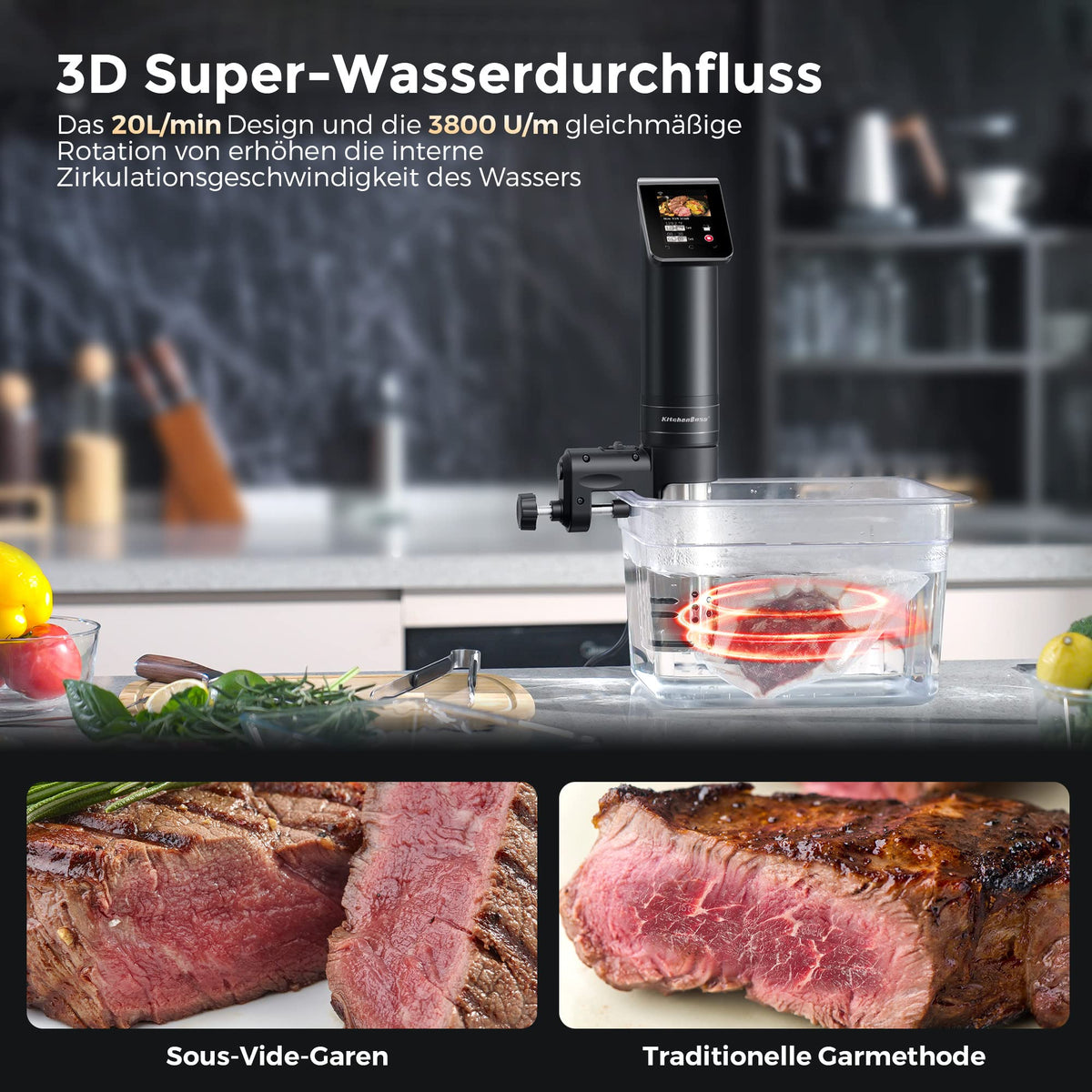 Sous Vide Garer Stick G330 mit WLAN, Präzisionskocher bis 90 °C, IPX7 wasserdicht, 1100 W, TFT-Touchdisplay und Timer