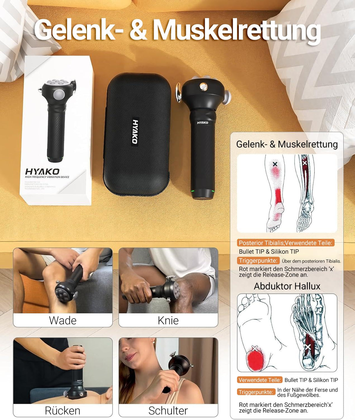 Massagepistole R1 Pro Max mit 360° Massagekopf, 5 Aufsätzen und 120 Hz Tiefengewebe-Vibration