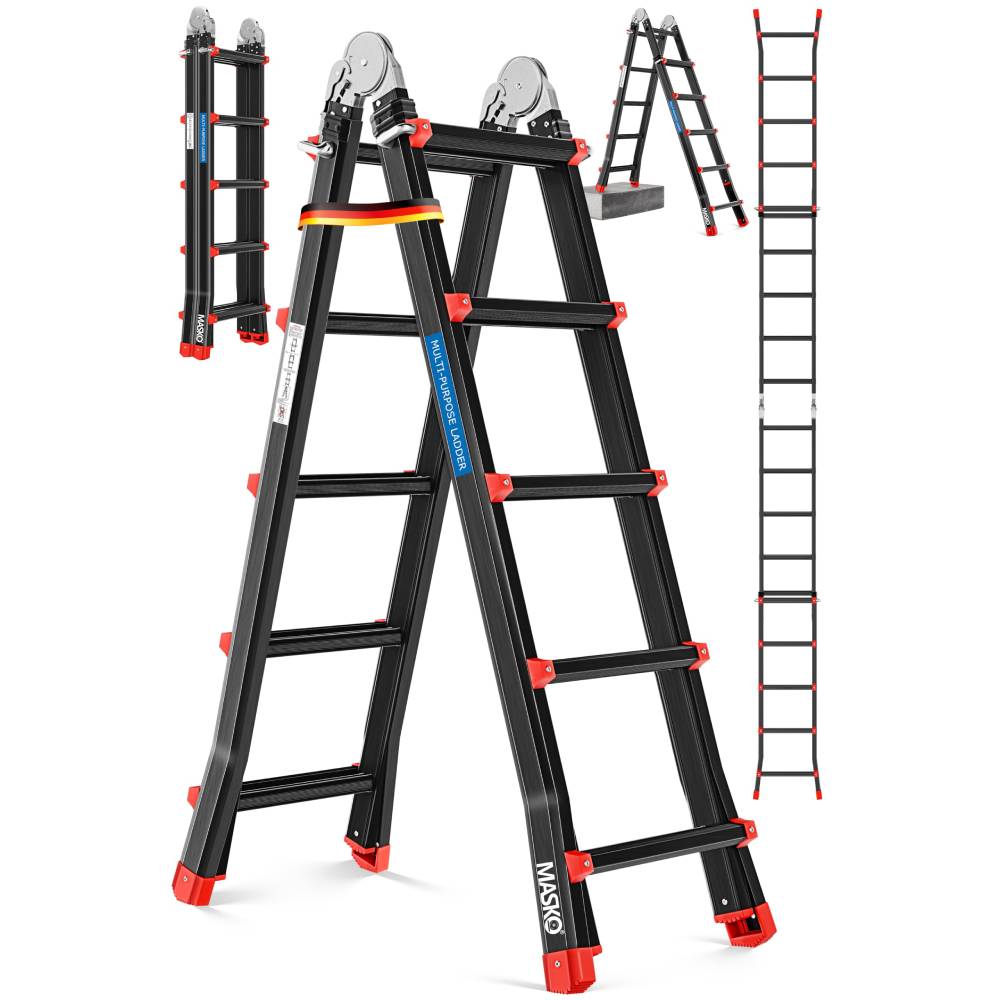 6in1 Mehrzweckleiter aus Aluminium, 20 Sprossen, 520 cm, 150 kg, ausziehbar, rutschfest, Gelenkleiter, Anlegeleiter, Klappleiter, Steh- und
