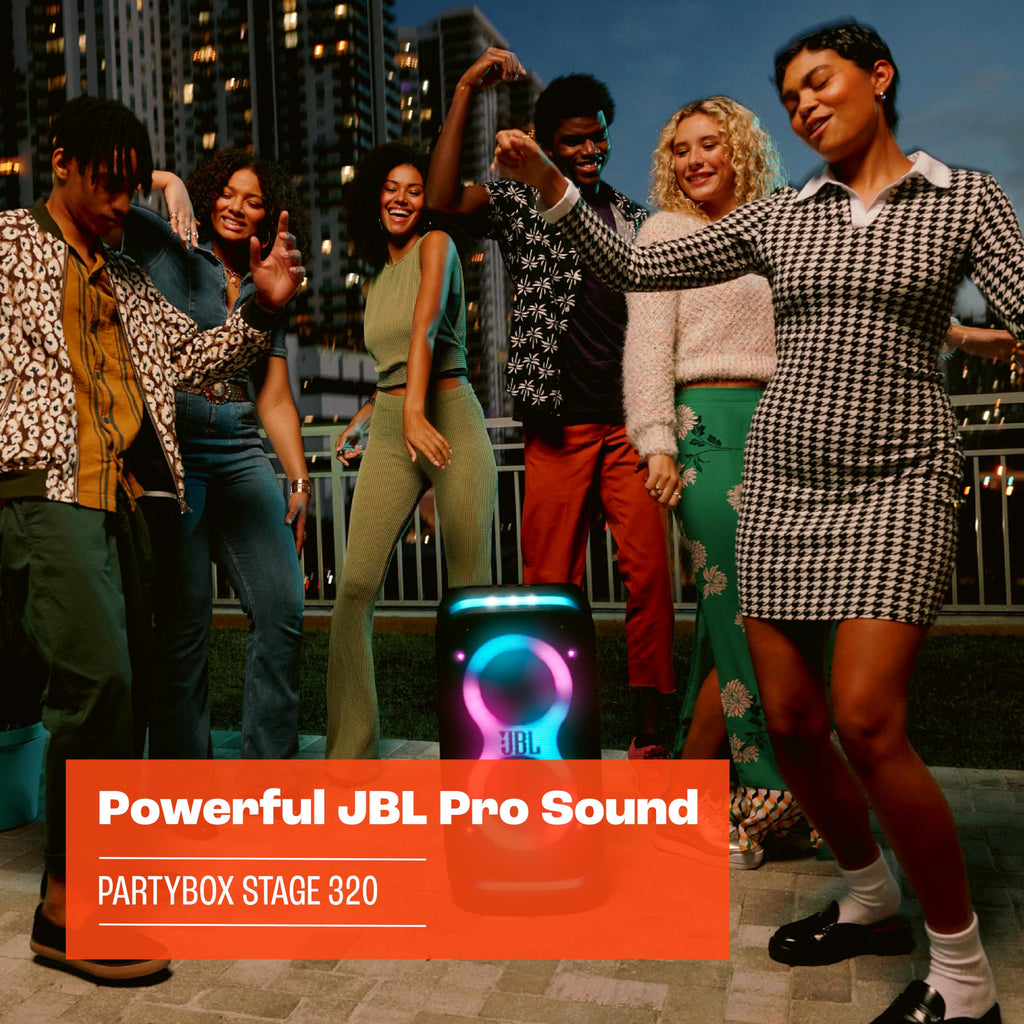 Enceinte portable Partybox Stage 320 avec son JBL Pro éclairage LED roulettes poignée télescopique et autonomie 18 h