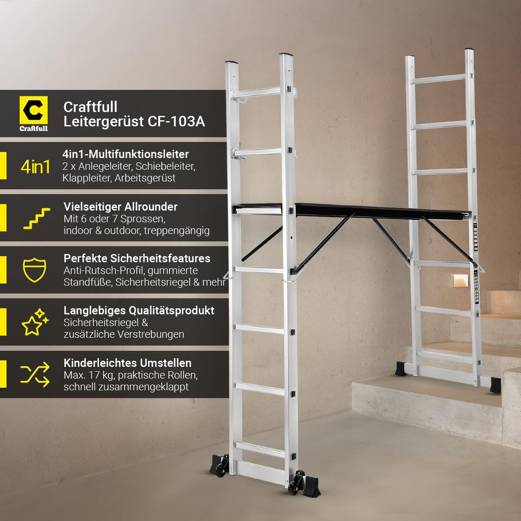 Trittleiter Rollgerüst CF-103A mit 7 Sprossen, Aluminium und Holz, 150 kg, Arbeitshöhe bis 322 cm