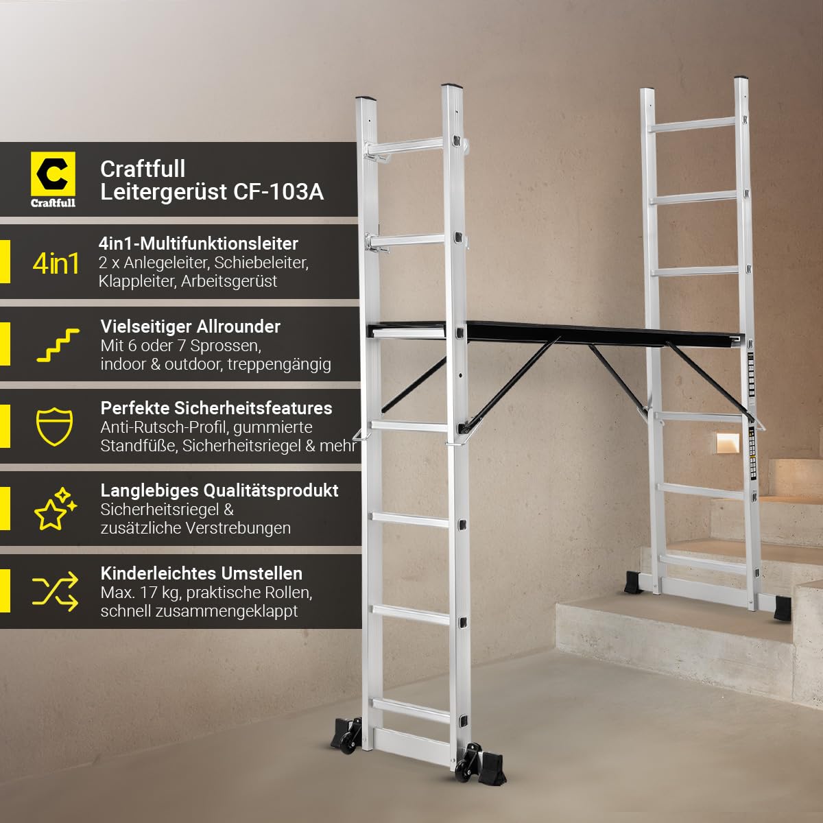 Trittleiter Rollgerüst CF-103A mit 7 Sprossen, Aluminium und Holz, 150 kg, Arbeitshöhe bis 322 cm