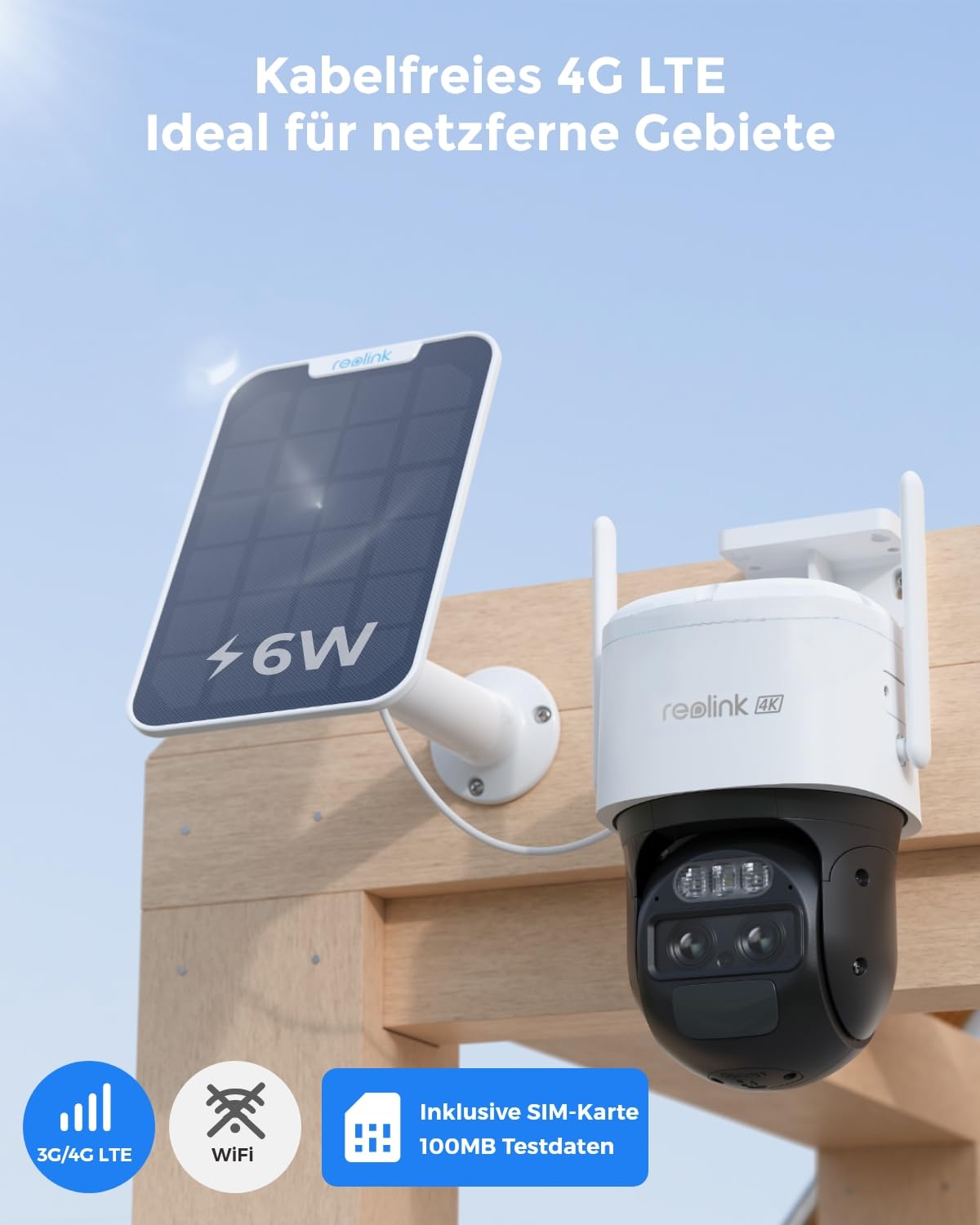 4K 3G/4G LTE Solar Überwachungskamera mit SIM Karte, 360° PTZ Auto-Tracking und KI-Erkennung für Menschen, Fahrzeuge und Haustiere