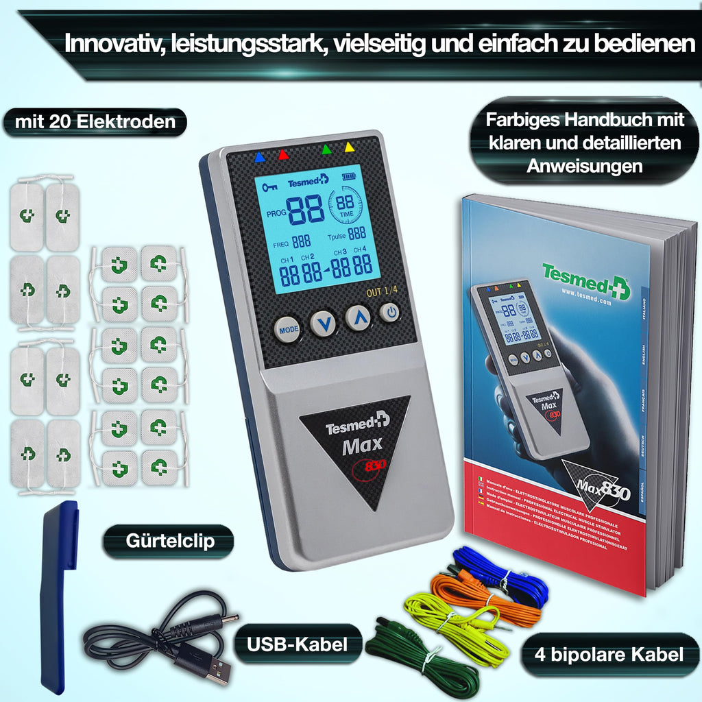 TENS-EMS-Massagegerät mit 4 Kanälen, 115 Programmen und 99 Intensitätsstufen, wiederaufladbar über USB