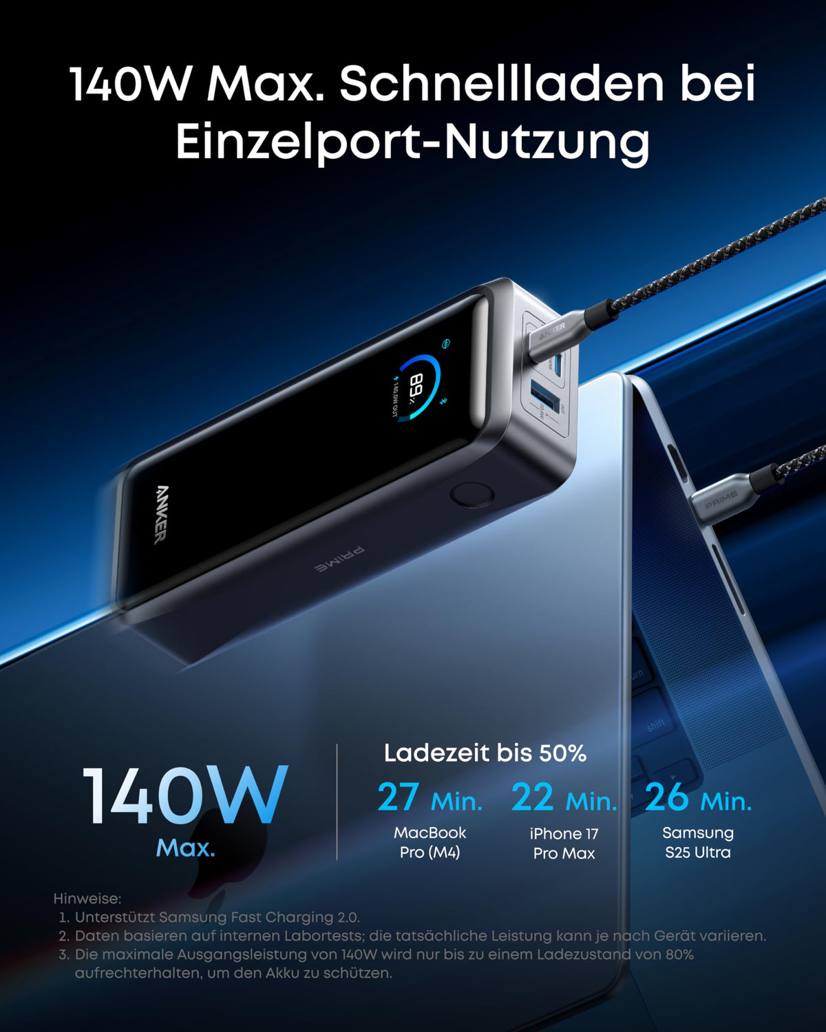 Powerbank 26250 mAh 300 W Maximalleistung 140 W USB-C Schnellladung bidirektionales Laden mit Display 99,75 Wh