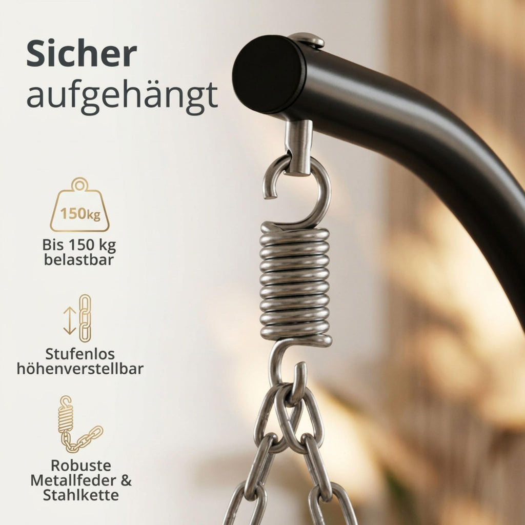 Hängesessel mit Gestell für Outdoor und Indoor, faltbarer Loungesessel aus PE-Rattan in Grau mit Wendebezug und Abdeckplane, bis 150 kg