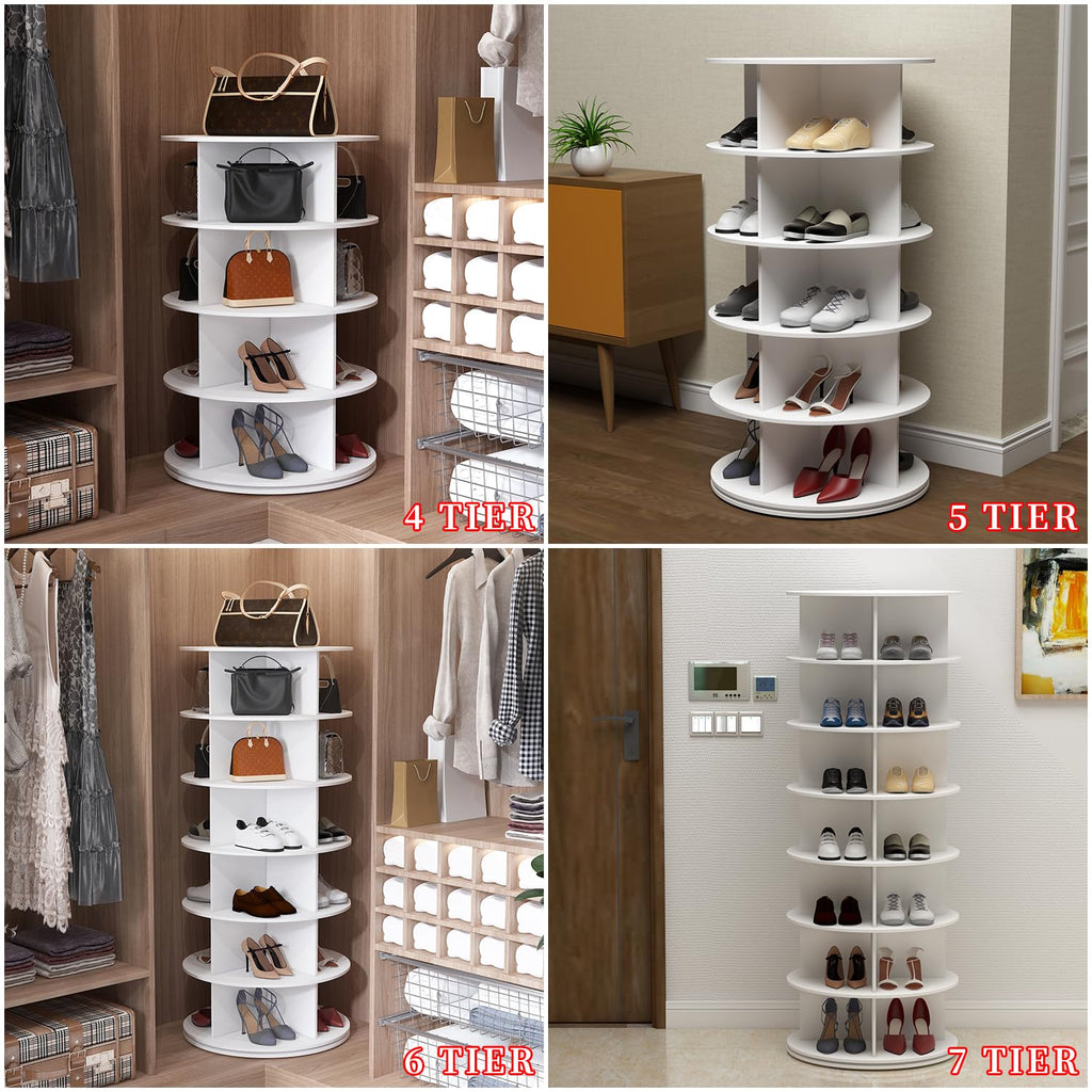 Drehbares Schuhregal 7 Etagen 360 Grad rund 28 Fächer aus PVC für Schuhe Taschen und Accessoires platzsparend Weiß