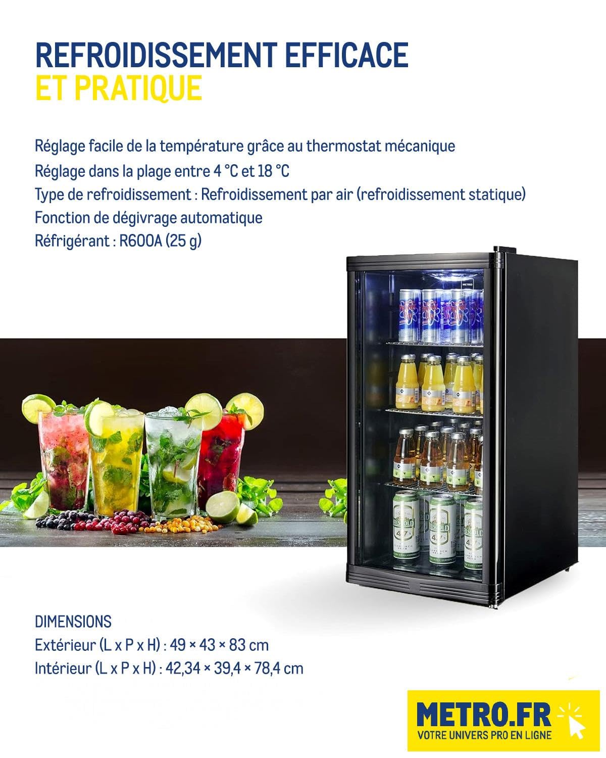 Réfrigérateur à boissons GPC1088 88L porte en verre réversible éclairage LED refroidissement statique