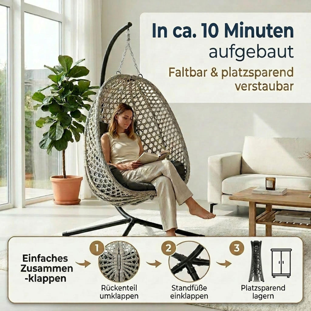 Hängesessel mit Gestell für Outdoor und Indoor, faltbarer Loungesessel aus PE-Rattan in Grau mit Wendebezug und Abdeckplane, bis 150 kg