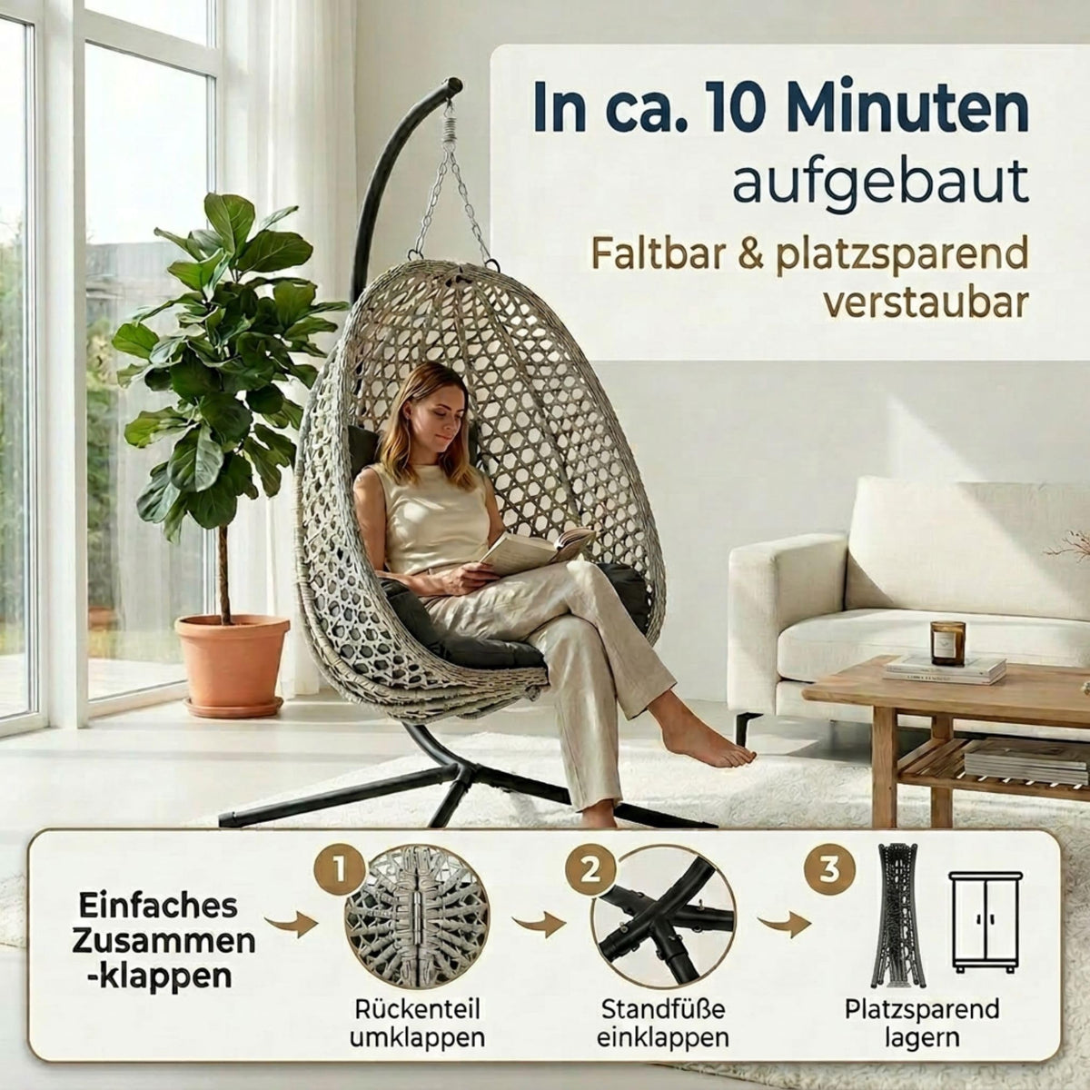 Hängesessel mit Gestell für Outdoor und Indoor, faltbarer Loungesessel aus PE-Rattan in Grau mit Wendebezug und Abdeckplane, bis 150 kg