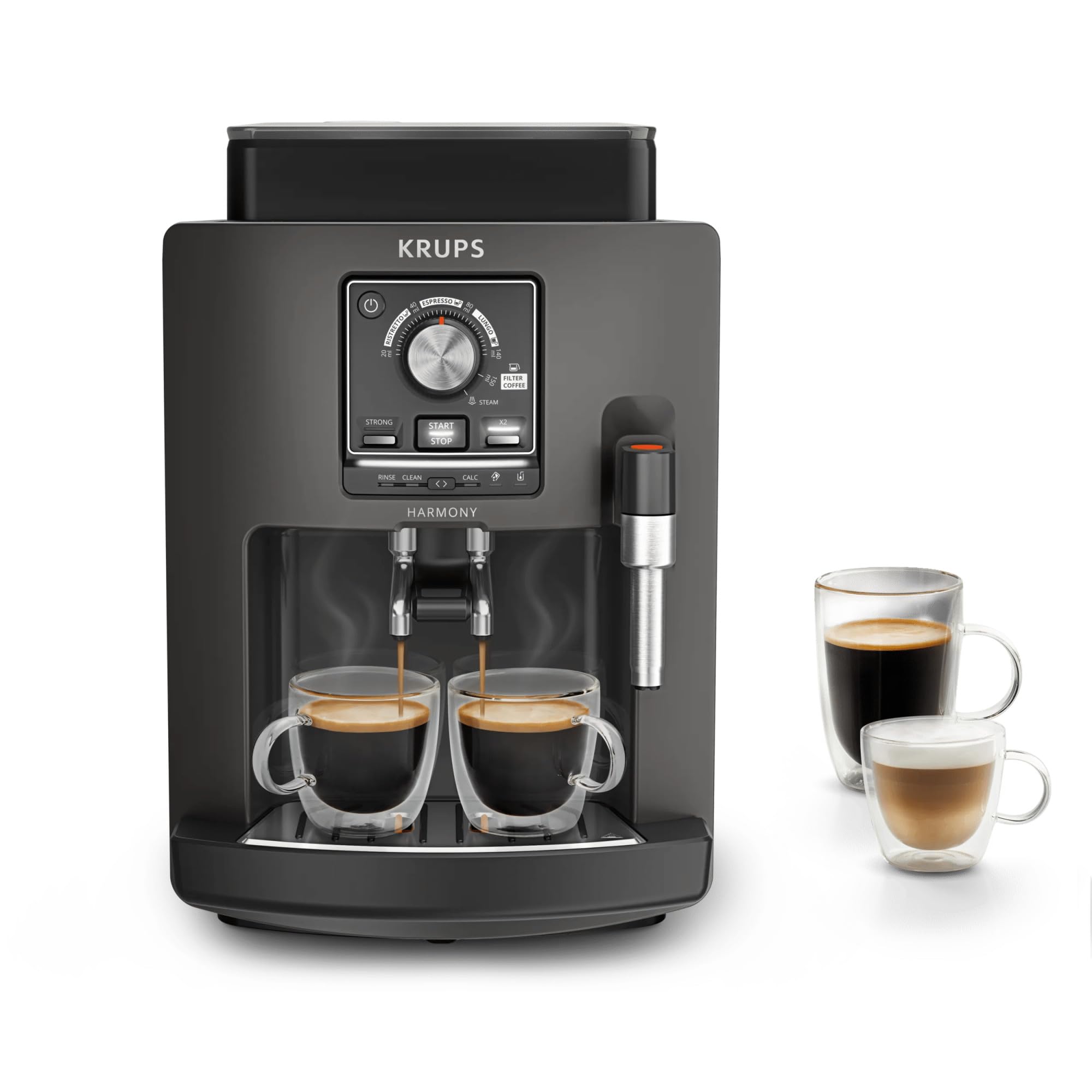 Krups Harmony, Machine espresso entièrement automatique avec buse vapeur, 4 boissons, Mousseur à lait manuel, Charbon, EA508BE0, Gris Coal