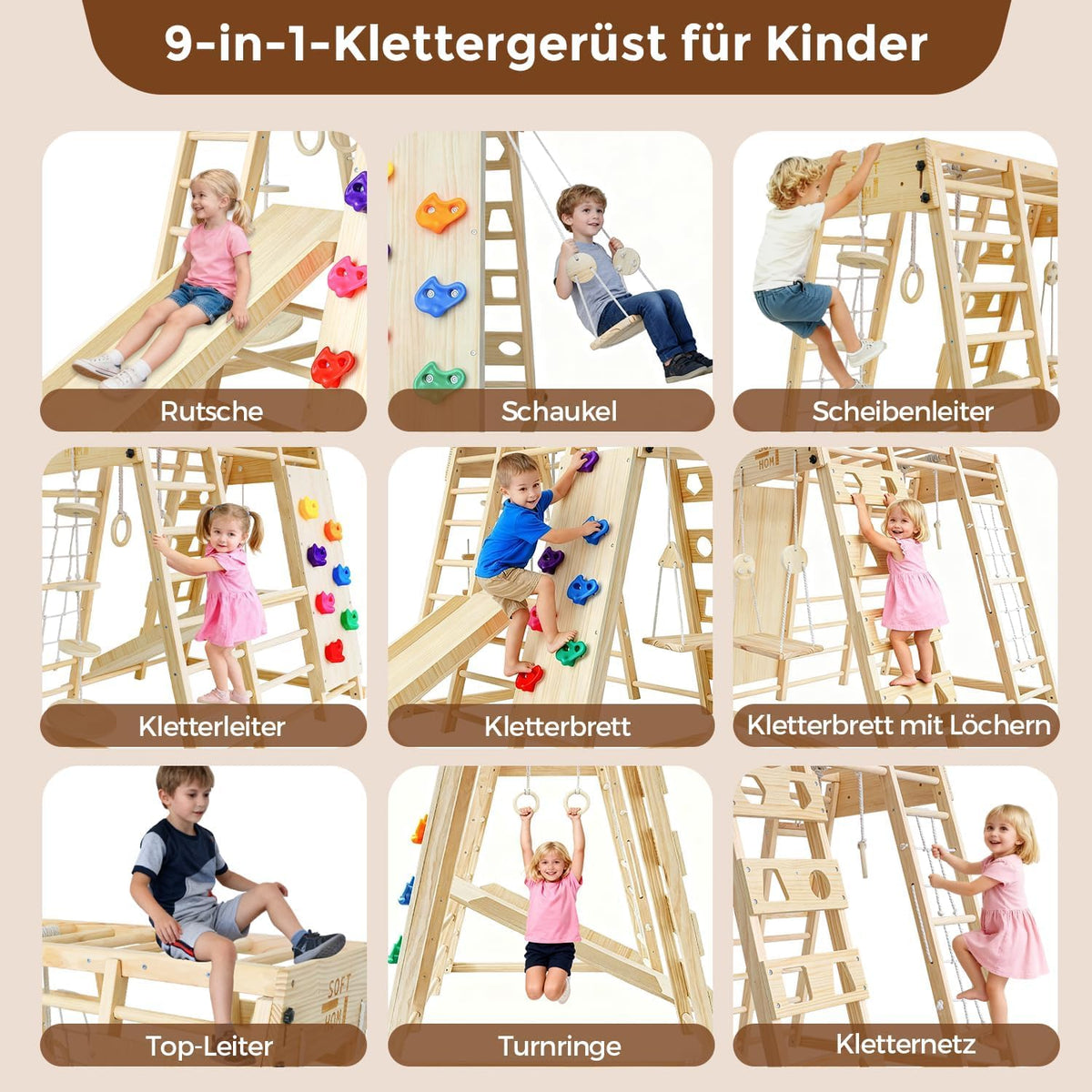 Klettergerüst klappbar für Kinder ab 1 Jahr, 10-in-1 Indoor Spielplatz aus Kiefernholz