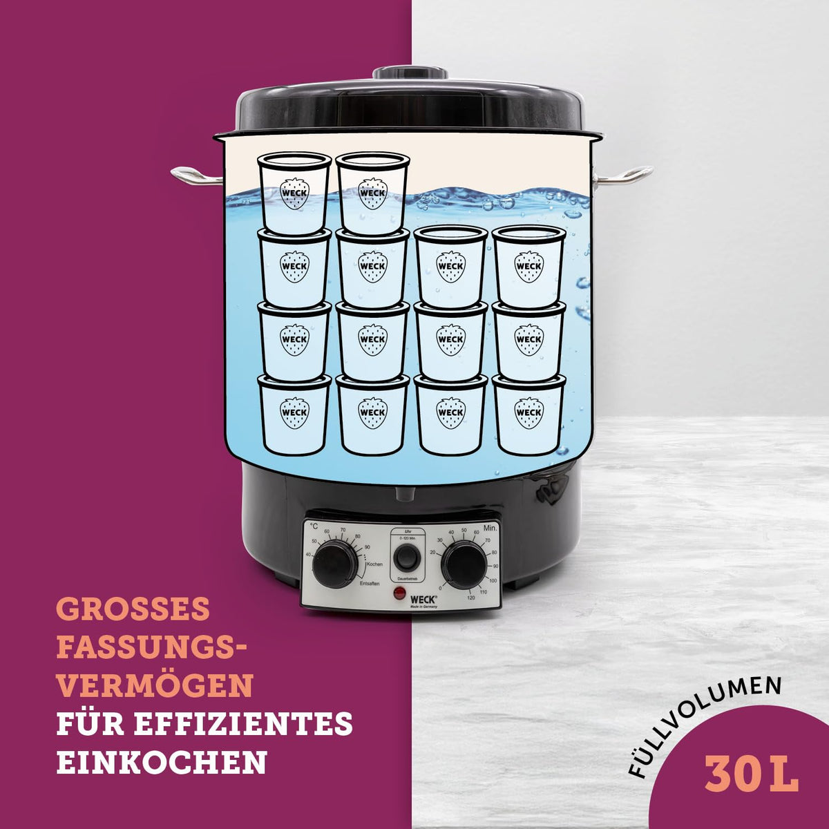 Einkochautomat WAT25-A aus Edelstahl mit Thermostat, Zeitschaltuhr und Auslaufhahn, 29 Liter, 1800 W, inkl. Einlegerost